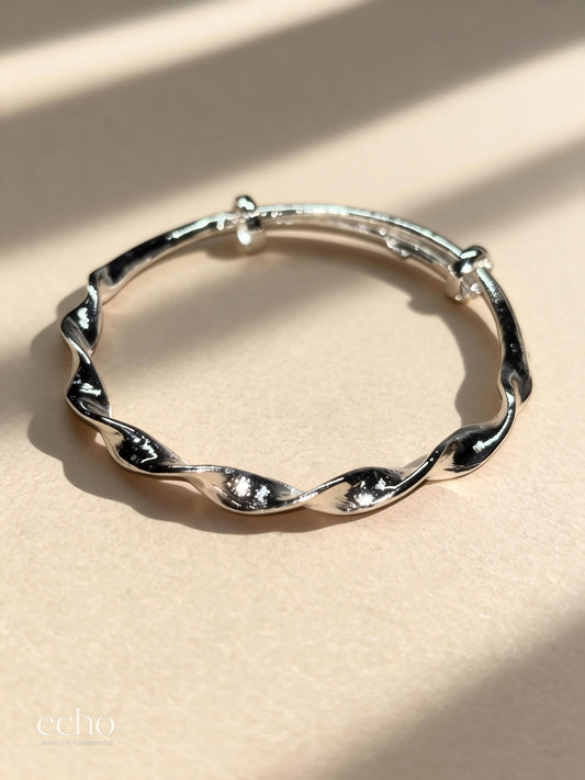 Silver Water Wave Adjustable Open Cuff Bangle • Alloy Textured Bracelet