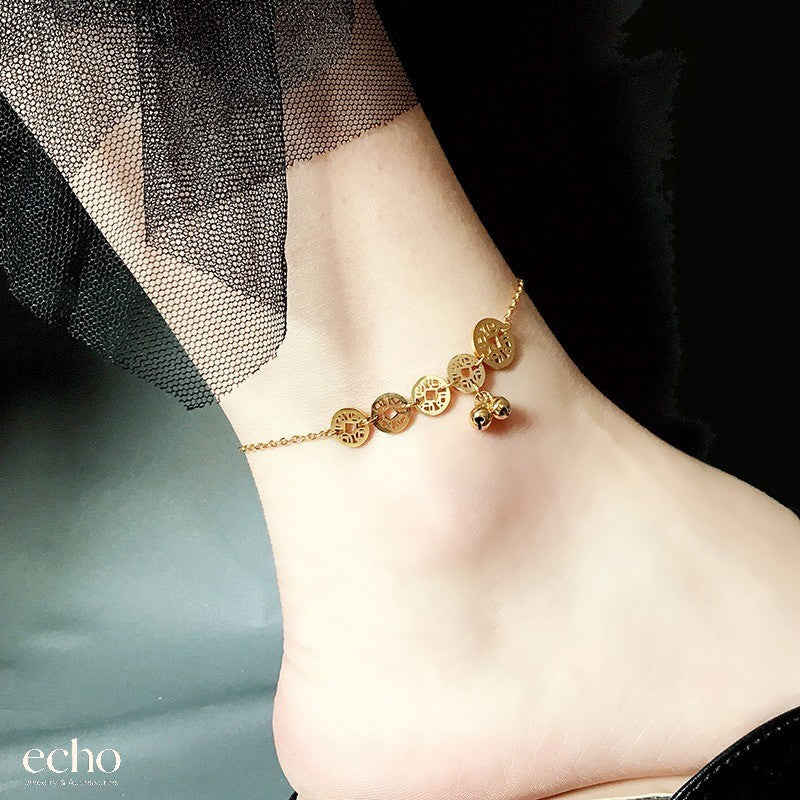 Gold Chinese Lucky Coin Anklet with Pendant • Traditional Oriental Style