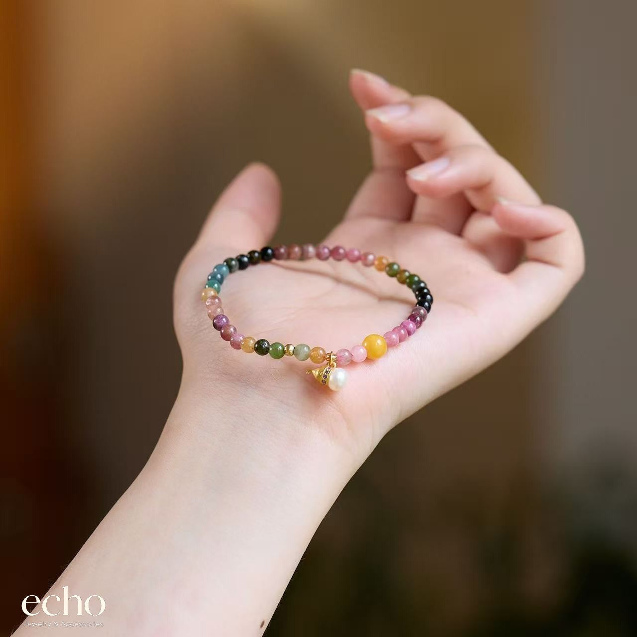 Natural Tourmaline Beaded Bracelet • Chinese Oriental Style