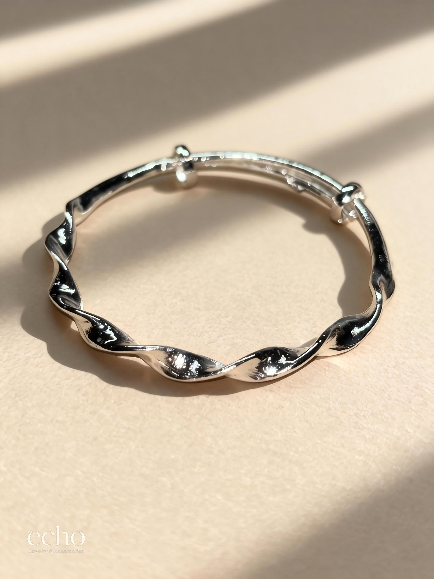 Silver Water Wave Adjustable Open Cuff Bangle • Alloy Textured Bracelet
