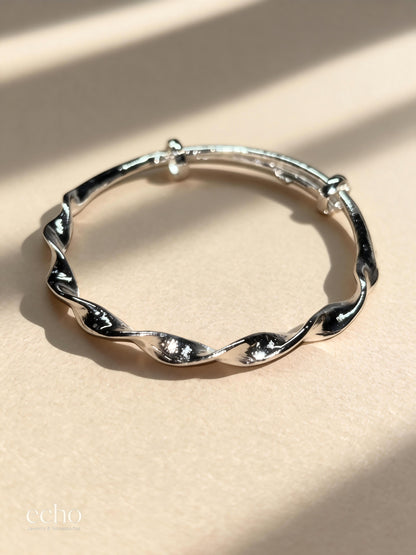 Silver Water Wave Adjustable Open Cuff Bangle • Alloy Textured Bracelet