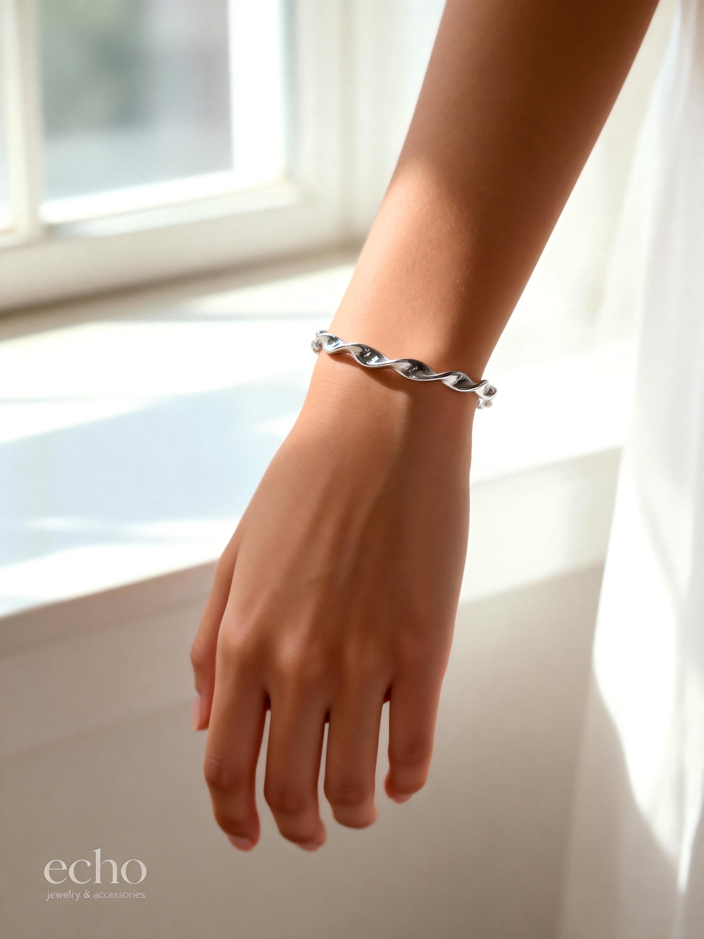 Silver Water Wave Adjustable Open Cuff Bangle • Alloy Textured Bracelet