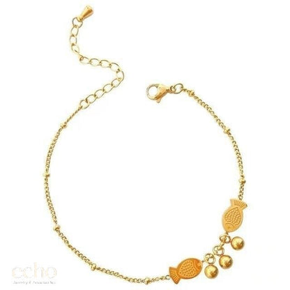 Gold Tone Lucky Fish Charm Anklet • Oriental Design