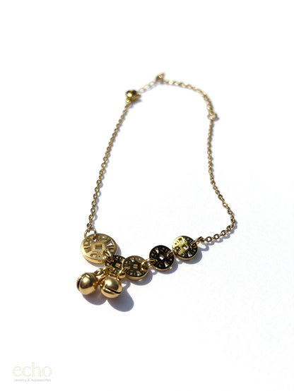 Gold Chinese Lucky Coin Anklet with Pendant • Traditional Oriental Style
