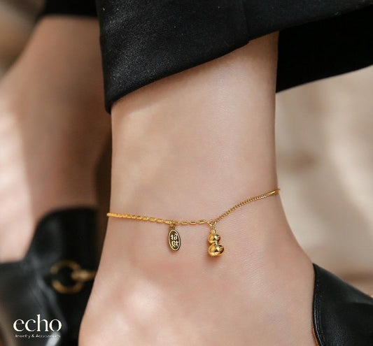 Gold Tone Anklet with Gourd Pendant • Chinese Lucky Jewelry