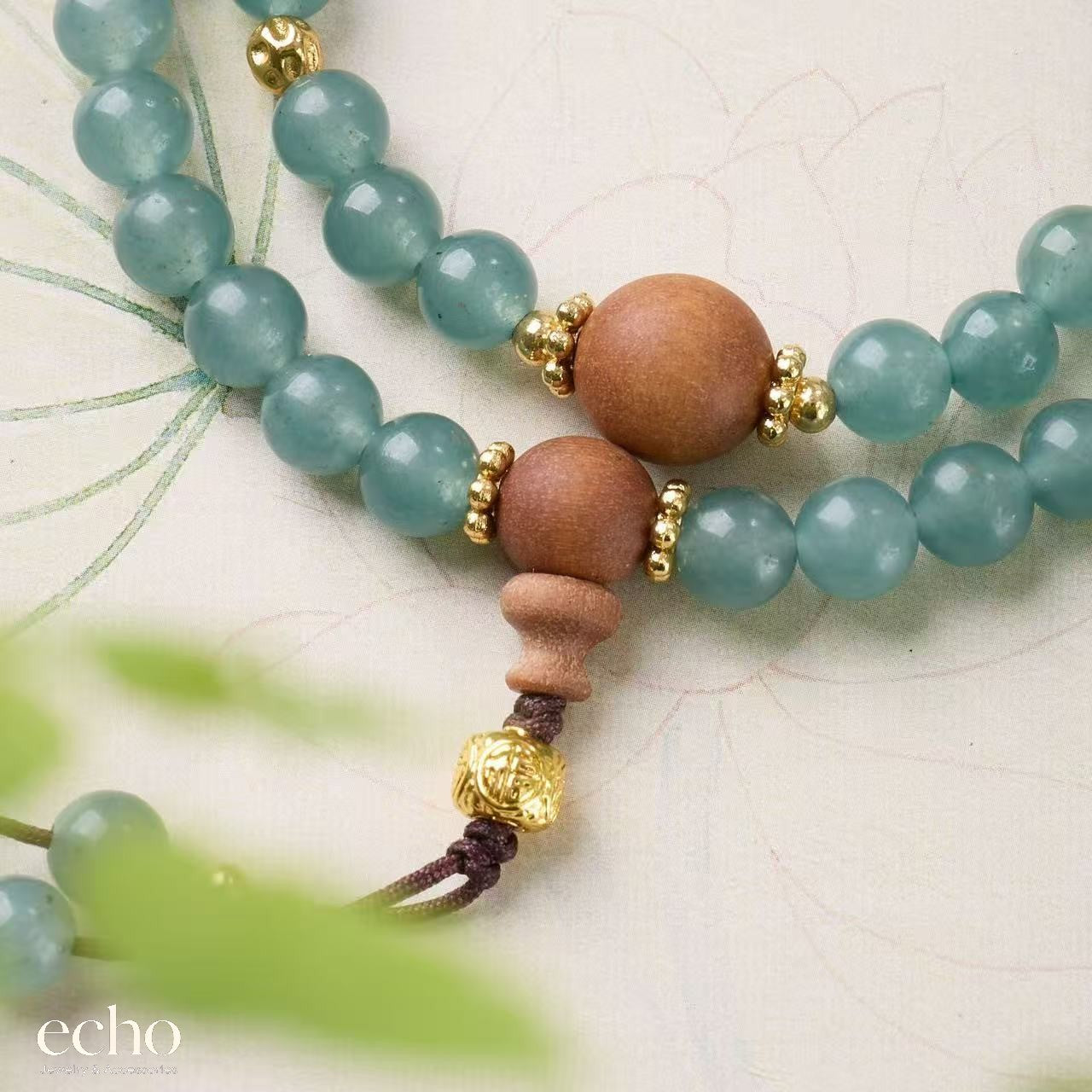 Natural Blue Jade Agarwood Two-Circle Beaded Bracelet with Lucky Pendant