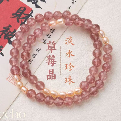 Pink Garnet & Pearl Double Layer Bracelet • Chinese Lucky Jewelry
