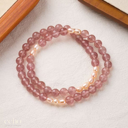 Pink Garnet & Pearl Double Layer Bracelet • Chinese Lucky Jewelry