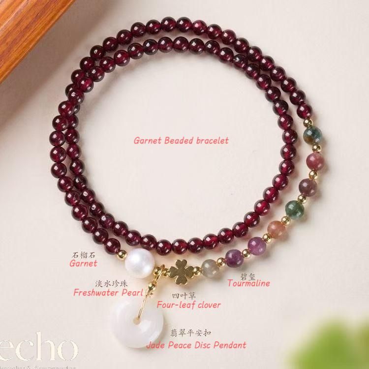 Chinese Style Garnet & Colorful Natural Stone Bracelet with Lucky Pendant