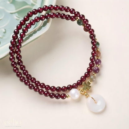 Chinese Style Garnet & Colorful Natural Stone Bracelet with Lucky Pendant