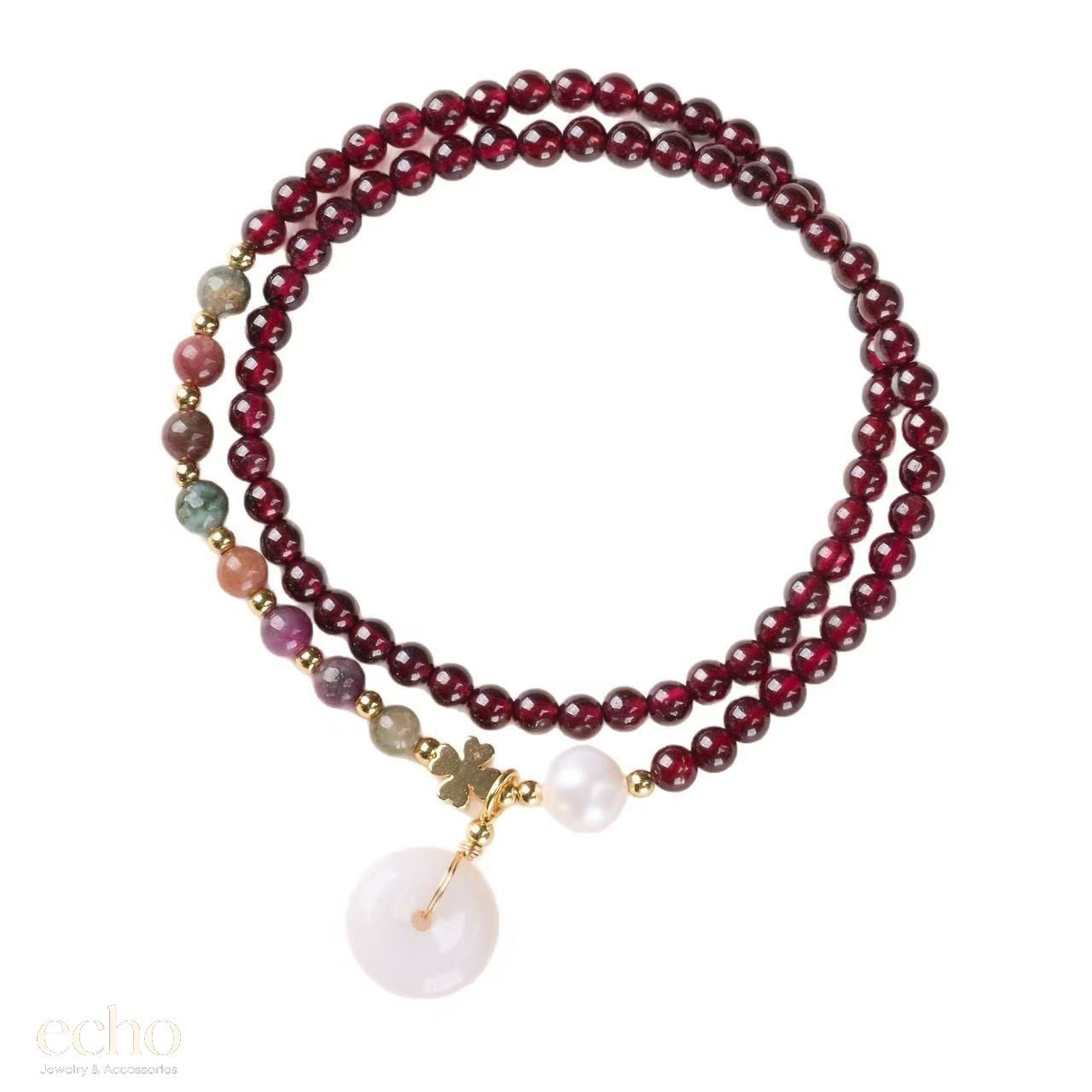 Chinese Style Garnet & Colorful Natural Stone Bracelet with Lucky Pendant