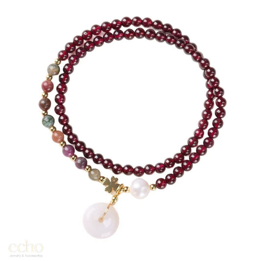 Chinese Style Garnet & Colorful Natural Stone Bracelet with Lucky Pendant
