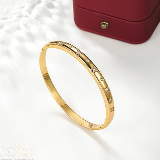 Gold Fixed Closed Cuff Bangle • Crystal Paved Metal Bracelet
