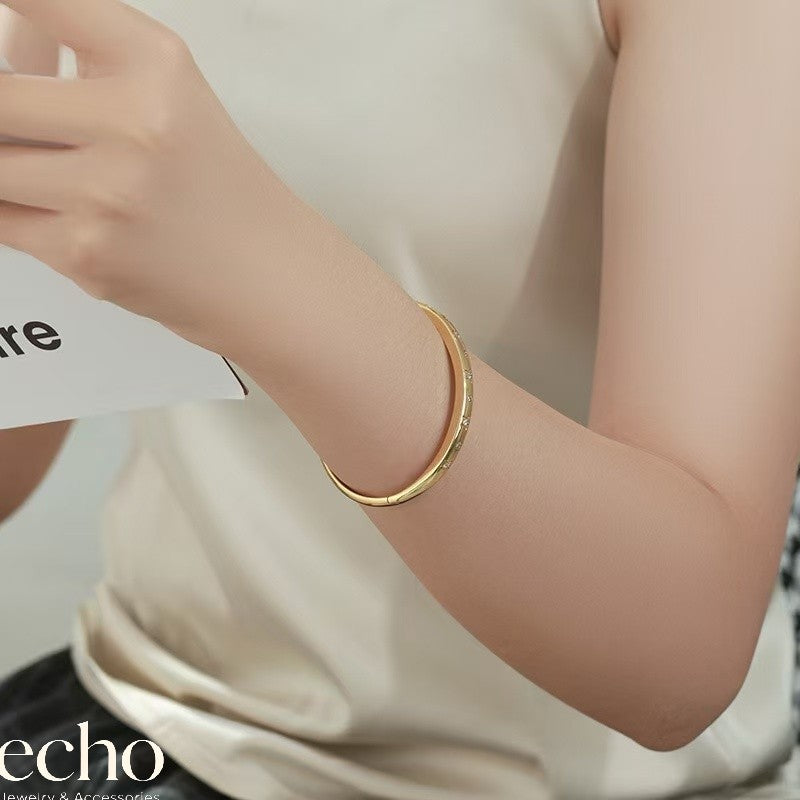 Gold Fixed Closed Cuff Bangle • Crystal Paved Metal Bracelet