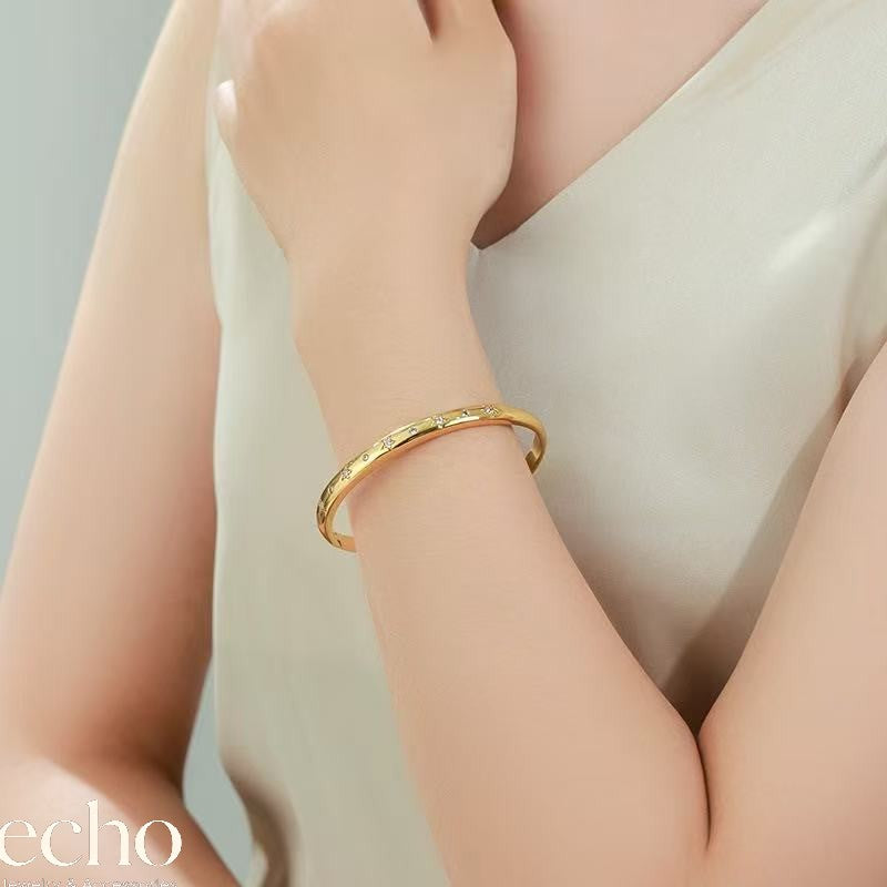 Gold Fixed Closed Cuff Bangle • Crystal Paved Metal Bracelet