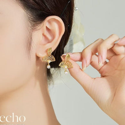 Vintage Gold Fan Shaped Earrings • Unique Chinese Design