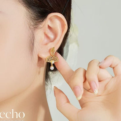 Vintage Gold Fan Shaped Earrings • Unique Chinese Design