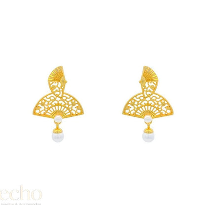 Vintage Gold Fan Shaped Earrings • Unique Chinese Design