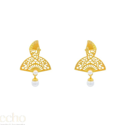 Vintage Gold Fan Shaped Earrings • Unique Chinese Design