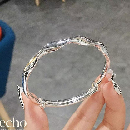 Silver Water Wave Adjustable Open Cuff Bangle • Alloy Textured Bracelet