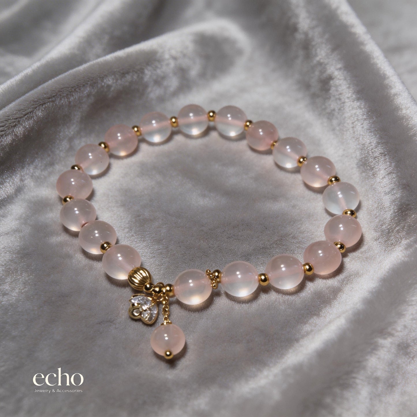 Rose Quartz Lotus Charm Beaded Bracelet with Drop
