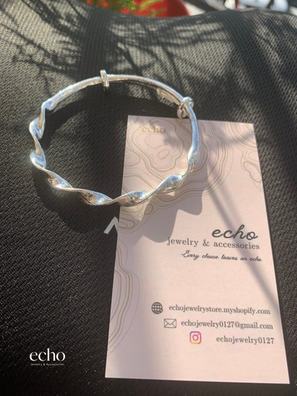 Silver Water Wave Adjustable Open Cuff Bangle • Alloy Textured Bracelet