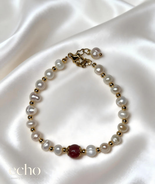 Pearl & Red Agate Beaded Bracelet
