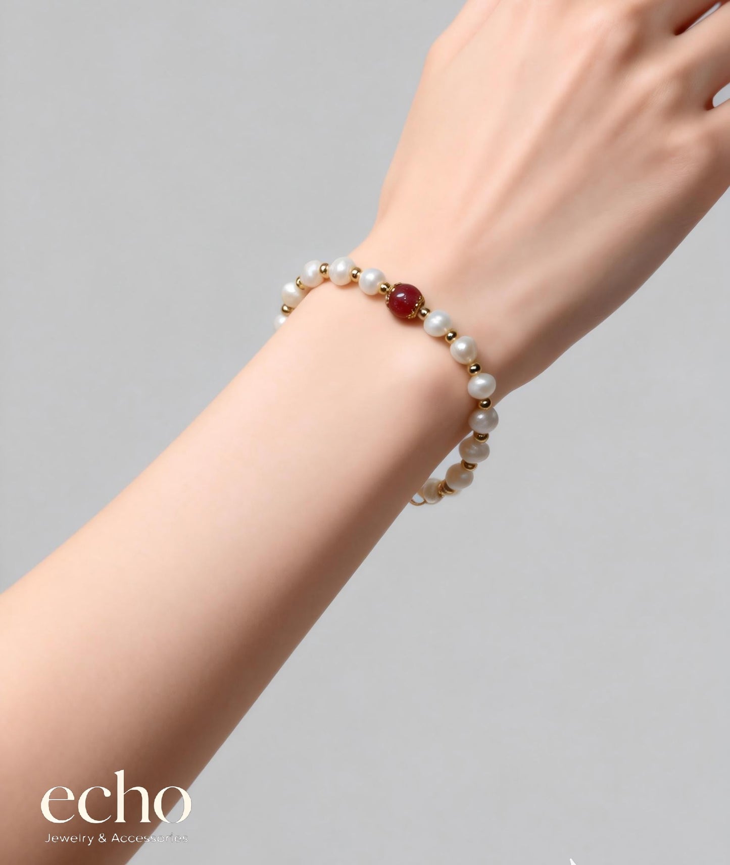 Pearl & Red Agate Beaded Bracelet