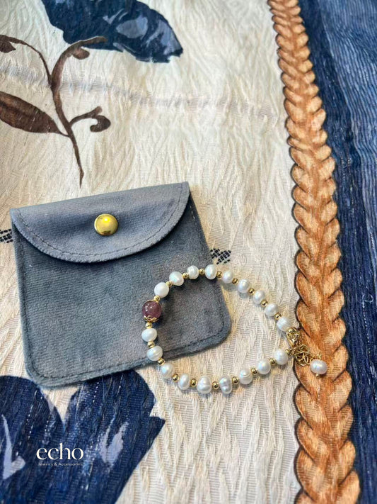 Pearl & Red Agate Beaded Bracelet